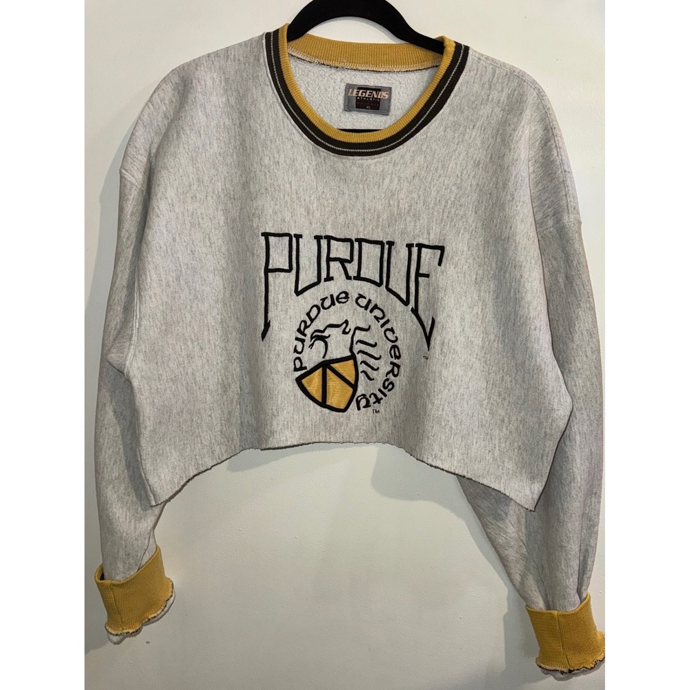 Vtg 90s Purdue University Cropped Sweatshirt Gray Yellow XL FLAW